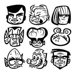 various cartoon faces drawn in black and white