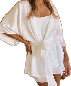 Chic Satin Robe For Wedding Night, Elegant Flowy Sleepwear For Loungewear, Elegant Solid Color Summer Sleepwear, Elegant Fitted Bridesmaid Sleepwear, Elegant Spring Wedding Night Sleepwear, Feminine Spring Wedding Night Robe, Elegant Satin Summer Robe, Elegant Fitted Bride Robe, Elegant Summer Satin Robe