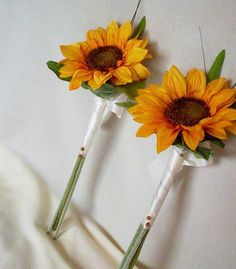 two yellow sunflowers are on the stems of some flowers