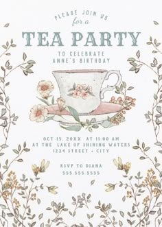 a tea party card with flowers on it