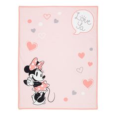 a pink towel with minnie mouse on it and hearts around the edges that say live love do