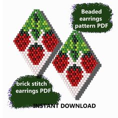 I suggest you make these simple beaded earrings Please note that you will only receive a diagram but not an explanation of how to create it, to create you must already have brick weaving skills This pattern is made using  beads. Miyuki Delikas Size 11  But you can replace them with any other beads that match in color and shape, you are not limited to colors or type of beads, just do what you like with what you like PDF pattern Long earrings  "Strawberry meadow"  file includes: A) Bead legend with name, color, B) the amount of beads needed for this pattern C) Enlarged image of the template D) Bead Chart The pattern kit does not include teaching materials; purchase requires brick embroidery skills))  There is a lot of educational material on YouTube)) You will receive 1 PDFs+ including a col Brick Embroidery, Beaded Strawberry Earrings, Bead Strawberry, Beaded Strawberry, Earrings Strawberry, Strawberry Earrings, Beaded Patterns, Do What You Like, Stitch Earrings