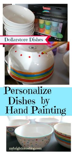 personalize dishes by hand painting with polka dot designs on them and the words dollar store dishes