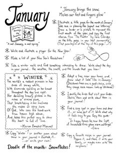 a handwritten poster with the words january and winter written in black ink on white paper