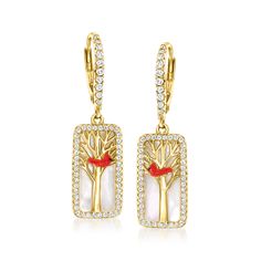 Ross-Simons - Mother-of-Pearl, .70ct t. w. White Topaz Cardinal Drop Earrings, Multicolored Enamel Over. An RS exclusive. You'll find yourself captivated by this beautiful scene from nature. Our drop earrings feature a charming red and black enamel cardinal perched atop a tree with a snowy backdrop of a 17x8mm rectangular mother-of-pearl framed by .70 ct. t. w. white topaz. Crafted in polished 18kt yellow gold over sterling silver. Hanging length is 1 3/8". Leverback, multicolored enamel, white Snowy Backdrop, Pearl Birthstone, Fine Jewellery Earrings, Pearl Drop, White Topaz, Black Enamel, Red And Black, A Tree, Mother Of Pearl