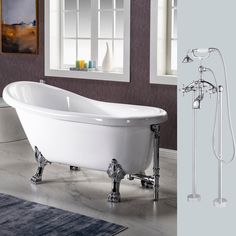 a white bath tub sitting in a bathroom next to a shower head and hand held faucet