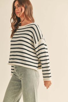 Amara Stripe Sweater-Sweaters-Vixen Collection Paris In October, White Striped Sweater, Boxy Sweater, Striped Pullover, Curvy Jeans, Striped Sweater, Striped Knit, Sweater Weather, Grey Stripes