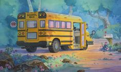 a painting of a yellow school bus parked on the side of a road with trees in the background