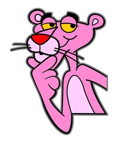 a pink cartoon cat with yellow eyes holding onto a sticker that says, i love you