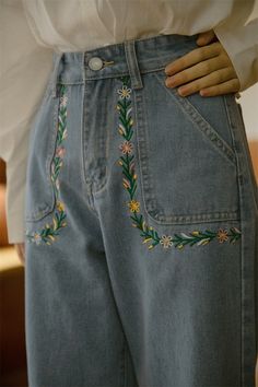 Retro Spring Floral Pocket Jeans (Medium Denim) Embroidery On Jean Shorts, Embroidery Denim Jeans, Embroidery On Denim Jeans, Embroidery In Jeans, Embroidery In Pants, Jeans Embroidery Diy, Embroidery Jeans Pocket, Painted Flowers On Jeans, Embroidery On Jeans Pocket