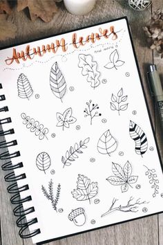 an open notebook with autumn leaves drawn on it next to a cup of coffee and pen