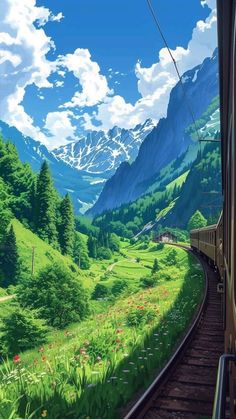 a train traveling through a lush green countryside under a blue sky filled with white clouds