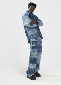 Sustainable Style: Odeneho II Men's Patchwork Upcycled Denim Set Make a bold fashion statement while embracing sustainability with the Odeneho II Men's Patchwork Upcycled Denim Set. Crafted from upcycled denim, this set not only exudes modern style with its unique patchwork design but also reflects a commitment to eco-friendly fashion. The set includes tailored pants and a matching jacket, creating a cohesive and distinctive ensemble. Perfect for those who appreciate both bold aesthetics and res Denim Patchwork Jeans Men, Bold Outfits Men, Boxing Outfit, Sustainable Fashion Upcycling, African Clothing Stores, Denim Patchwork Jeans, Boxing Clothes, Patched Denim