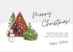 a christmas card with a house and snowman