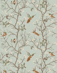 a pink wallpaper with birds and flowers on the tree branches in front of it