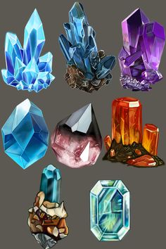 six different types of crystals are shown in this image, each with different colors and shapes