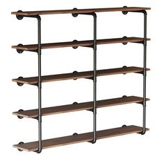 a wooden shelf with metal pipes and shelves on each side, against a white background