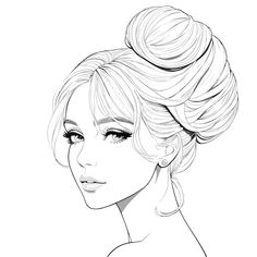 a black and white drawing of a woman's face with her hair in a bun