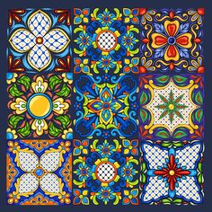 an image of a colorful tile pattern with flowers and leaves on it's sides