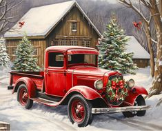 a painting of an old red truck with christmas trees in the back and snow on the ground