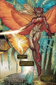 a comic book page with an image of a woman in red and gold, surrounded by other