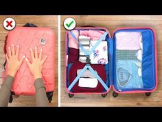 two pictures side by side showing the inside of a suitcase with clothes and other items in it