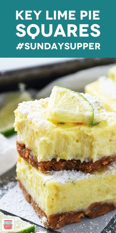 key lime pie squares are stacked on top of each other