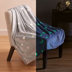 a chair with a blanket on top of it next to an image of a cat