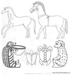 some drawings of horses and other animals in black and white