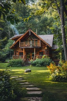 a log cabin in the woods with steps leading up to it