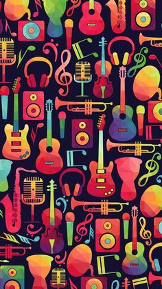 colorful musical instruments are arranged on a black background