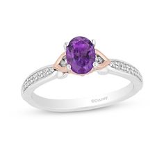 Make your sophisticated taste known with this charming oval purple amethyst and diamond ring from the Enchanted Disney Fine Jewelry Collection inspired by Ariel. Fashioned in sterling silver This choice glistens with a 7.0 x 5.0mm oval-shaped bright purple amethyst. A pair of 10K rose gold-plated collars flank the center stone. Diamonds adorn the shank with subtle sparkle. This design shimmers with 1/10 ct. t.w. of diamonds. ©Disney Disney Engagement Rings, Zales Engagement Rings, Zales Jewelry, Enchanted Disney, Enchanted Disney Fine Jewelry, Disney Fine Jewelry, Rose Gold Plate, Amethyst And Diamond Ring, Disney Ariel