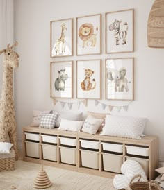 a baby's room with several pictures on the wall and toy storage bins