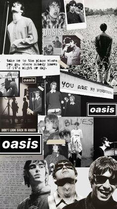 collage of black and white photos with the words oasis on them in different languages