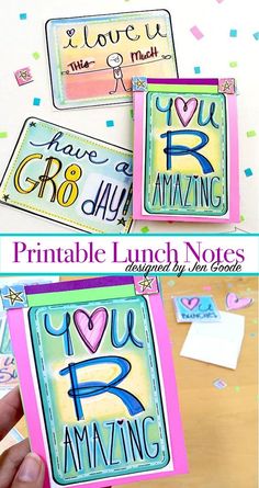 the printable lunch notes are being held up