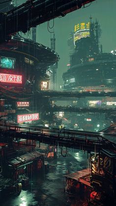 a futuristic city at night with neon lights and signs on the buildings in the background