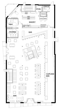 the floor plan for a restaurant with seating areas and an open kitchen area on one side