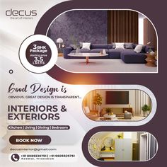 a brochure design for interior and exteriors with an image of a living room