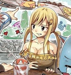 an anime character sitting at a table with some food and drinks in front of her