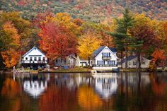 an autumn scene with colorful trees and a bridge over the pond in the foreground