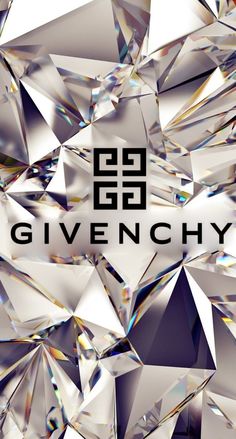 the logo for givenchy is surrounded by many shiny diamonds in silver and white colors