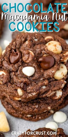 chocolate macadamia nut cookies stacked on top of each other with white and brown chips