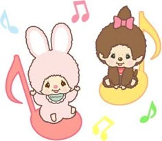 two cartoon animals sitting on top of musical notes and one is wearing a bunny costume