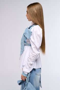 Deconstructed Denim Top, Unstructured Button-up Denim Blue Top, Distressed Button-up Denim Top, Button-up Denim Top With Frayed Hem, Unstructured Denim Button-up Top, Poplin Blouse, Peplum Hem, Pleated Mini Skirt, Waist Belt