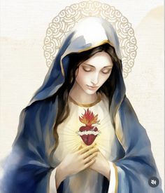 a painting of the virgin mary holding a heart