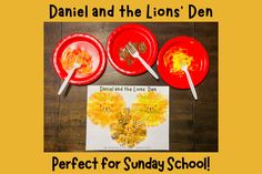 three red plates with yellow flowers on them and the words daniel and the lions den