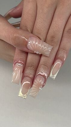 mermaid nails long square sea nails ocean nails seashell neutral french tips Nail Inspo Square Designs, Sea Shell Nails Acrylic, Mermaid Style Nails, Square Ocean Nails, Seashell French Tip Nails, Square Seashell Nails, Mermaid Seashell Nails, Mermaid Inspo Nails