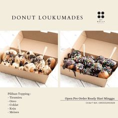 two boxes filled with different types of donuts