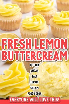 the cover of fresh lemon buttercream is shown with cupcakes and frosting