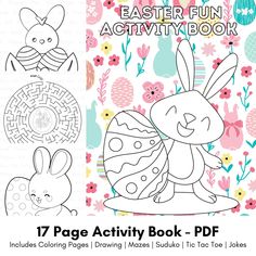 the easter bunny activity book is shown in front of an image of flowers and eggs